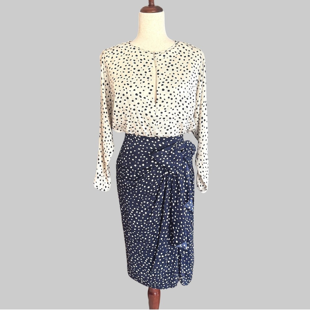 A.J. Bari Vintage 100% Silk Polka Dot Midi Dress Size 6 old money quiet luxury